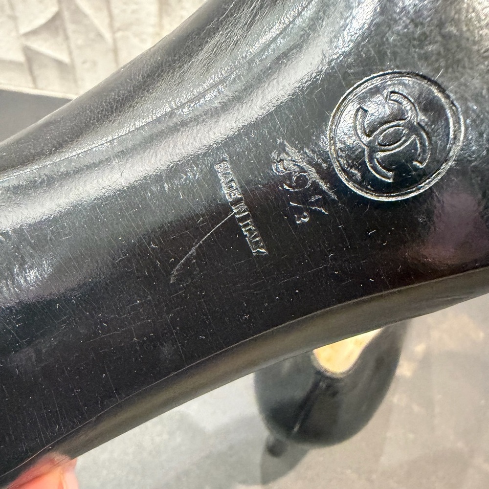 CHANEL Black Leather Heels with Gold CC Studs - Picture 6 of 8
